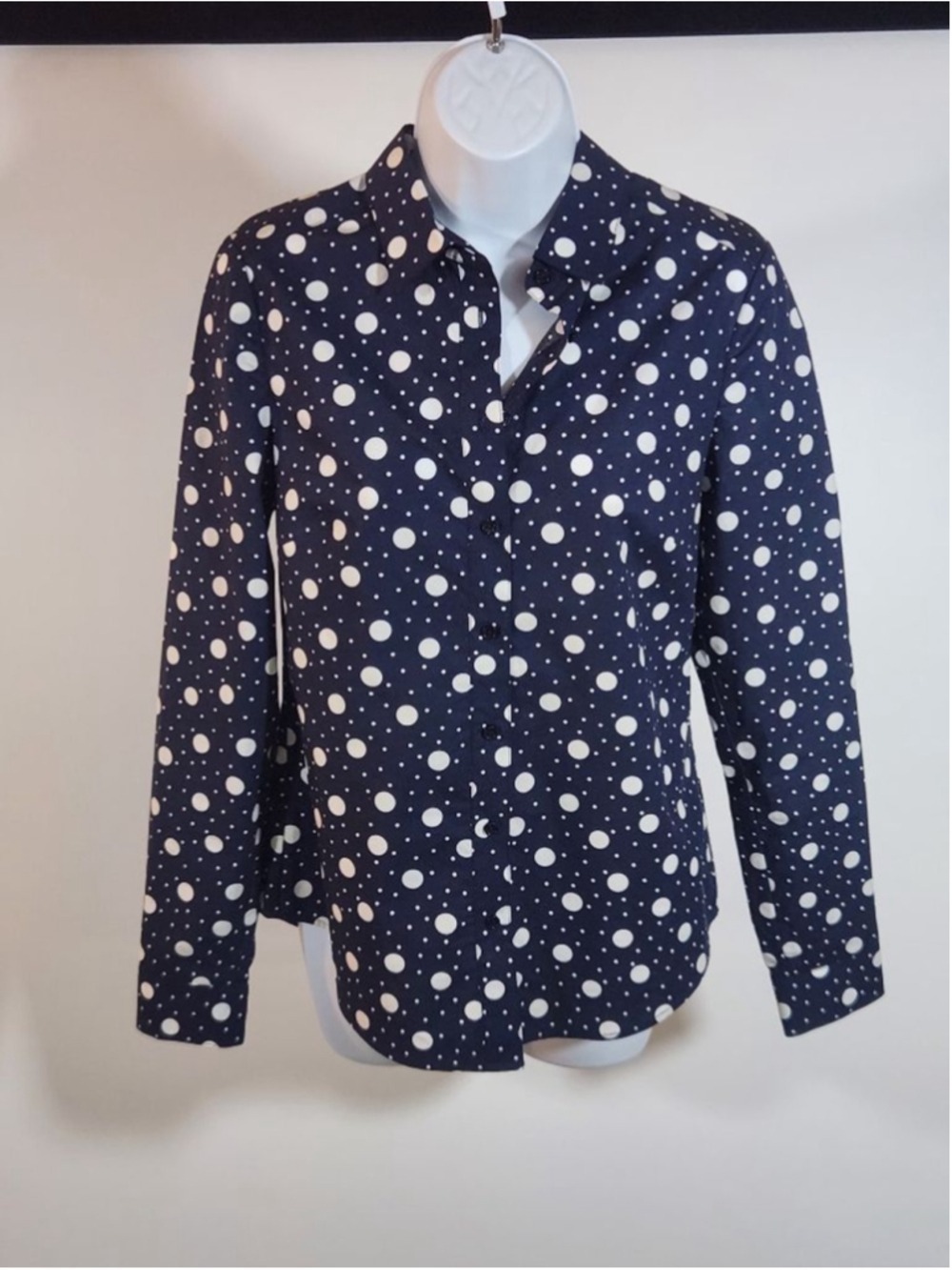 Women's Boden Navy White Polka Dot Button Down Long Sleeve Cotton Shirt Size 4